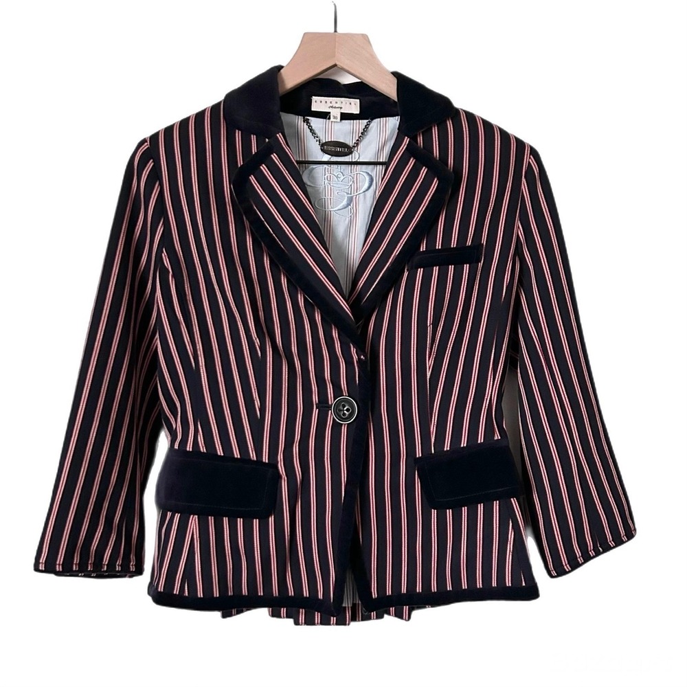 Essentiel Antwerp Striped Wool Blend Blazer Velvet Trim Navy Red Size EU 38 US 8